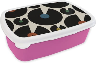 Broodtrommel Roze - Lunchbox - Brooddoos - Muziek - Platen - Patronen - 18x12x6 cm - Kinderen - Meisje