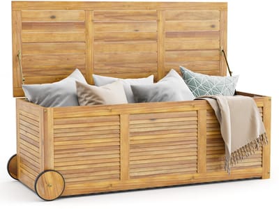 COSTWAY Houten tuinbox, opbergdoos met wieltjes, opbergdoos met waterdichte 2-in-1 afdekking en handvat, kussenbox, tuinkist voor tuin, balkon, 127 x 50 x 45 cm