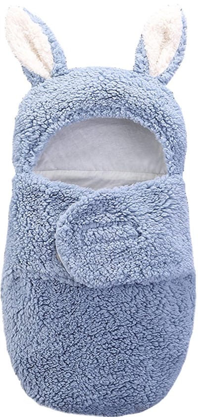 Inbakerdeken voor baby's - inbakerdeken voor pasgeborenen - met schattige konijnenoortjes - zachte pluche hoes - geschikt voor 4-6 maanden - maat L -blauw