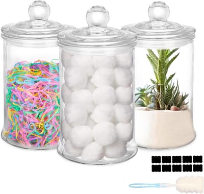 UrSpeedtekLive 3 Pack glass pharmacist jars with lids, 25 oz clear bathroom accessories canisters storage organizer, cotton ball holder containers, glass jars for bathroom, vanity,