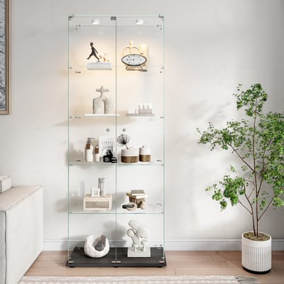 Glazen Vitrinekast 5 Laags met Slot – Zwart – LED Spotverlichting – Display Cabinet met Dubbele Deuren – Showkast