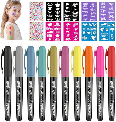 Tattoostiften Kinderen - Huidvriendelijke Schmink - Creatief Spelen - Glitter en Sjablonen - 10 Kleuren - Multicolor