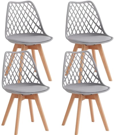 QUESTYR Set van 4 Eetkamerstoelen – Grijs – Scandinavisch Design – Mesh Rugleuning & Houten Poten – Comfortabele PU‑Lederen Stoelen voor Keuken & Eetkamer