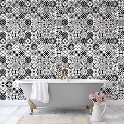 Tegelstickers voor de muur in keuken en badkamer - 60 cementtegelstickers, Azulejos-stijl, Hilena - 60 stickers, 20x20 cm