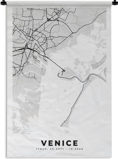 Wandkleed - Wanddoek - Kaart - Venetië - Zwart Wit - Stadskaart - Plattegrond - 120x180 cm - Wandtapijt