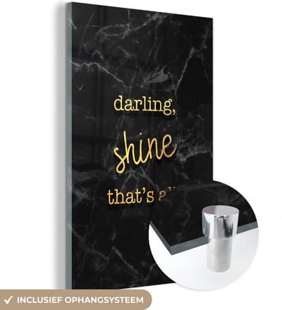 MuchoWow® Glasschilderij 40x60 cm - Schilderij acrylglas - Quotes - Shine - Goud - Marmer - Foto op glas - Schilderijen