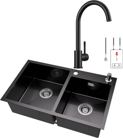 Auralum MAX Dubbele Spoelbak (75x45cm) Antraciet - Spoelbak Keuken Met Lagedruk keukenkraan - Duurzaam, Veelzijdig en Geluiddempend - Met zeepdispenser 300ml en Waterafvoersysteem