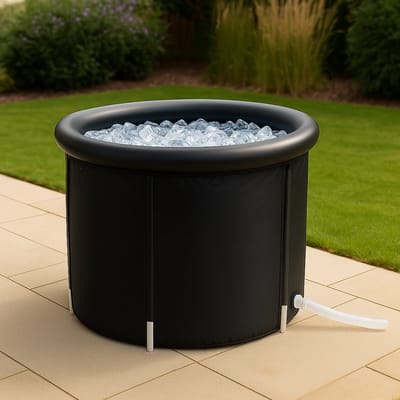 Fameilleur ijsbad- Opblaasbaar IJs bad 250L – Ø 80 x 75 cm – Ice bath voor Thuis – Koudwaterbad voor Spierherstel, Cryotherapie & Ademhalingstraining – Incl. Afdekhoes – Herstel na Sport -Compact & Draagbaar Dompelbad-Buiten & Binnen- zit bad- zitbad