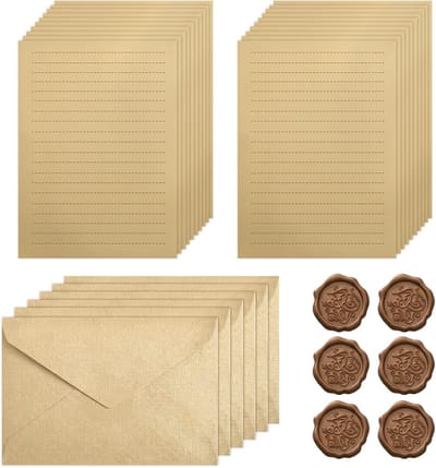 Elegante Vintage Brievenpapier Set met 20 Kraft Vellen, 6 Enveloppen en Lakzegel Stickers voor Bruiloften en Verjaardagen