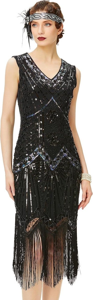 Flapper Jurk Jaren 1920 V-hals met Kralen en Franjes voor Themafeesten