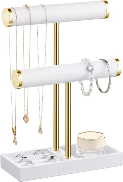 Sieraden Organizer met 2 Niveaus - Wit Sieradenstandaard voor Armbanden, Kettingen, Horloges en Ringen, Afneembare T-vormige Sieradenhouder
