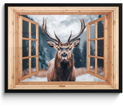 Poster in lijst - Fotolijst 70x50 cm - Posters - Doorkijk - Hert - Dieren - Winterlandschap - Sneeuw - Posterlijst zwart - Decoratie - Wanddecoratie woonkamer - Muurdecoratie slaapkamer