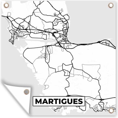Tuin poster Stadskaart – Martigues - Plattegrond – Kaart – Frankrijk - Zwart wit - 200x200 cm - Tuindoek