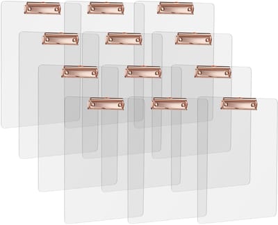 Dailygoods- Schrijfmap met roségouden metalen klem - A4 klembord - transparant klembord - lichtgewicht - 12 stuks - praktische opbergoplossing