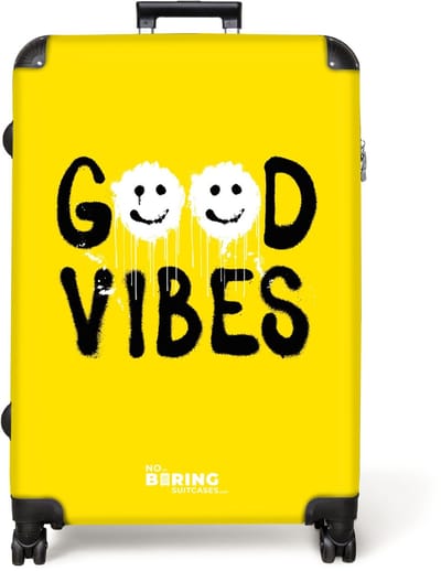 NoBoringSuitcases.com® - Koffer groot - Reiskoffer lichtgewicht - Zwarte spuitbusletters met witte smileys - Rolkoffer met 4 wielen - Grote trolley XL - 98 liter bagage