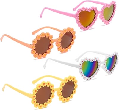 Set van 4 Bloemen Zonnebrillen Rond Hartvormig Feestaccessoire voor Kinderen en Volwassenen