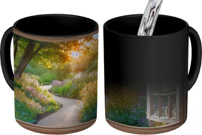 Magische Mok - Foto op Warmte Mokken - Koffiemok - Doorkijk - Bloemen - Natuur - Zon - Pad - Magic Mok - Beker - 350 ML - Theemok