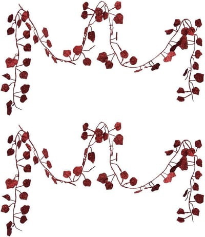Othmar Decorations Kerstboom slinger - 2x - met bladeren - rood - 200 cm - kunststof
