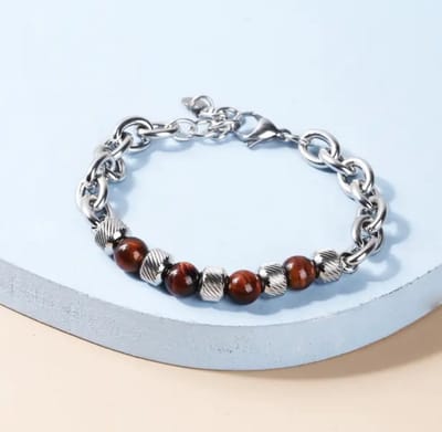 Leerella Dames en Heren Armband - Tijgeroog Rode Verstelbare Kralen met RVS Armband - Verstelbare Heren - en Damesarmband van Edelstaal en - Moederdag Vaderdag Valentijnsdag 18+5cm