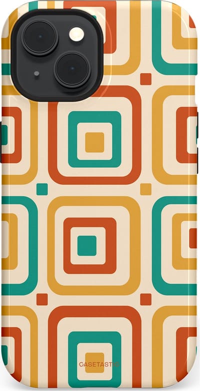 Casetastic hoesje geschikt voor Apple iPhone 15 - MagSafe - Dubbellaagse bescherming - Retro Vierkant verlangen - Fashion Case - Crème Terracotta Goud Turquoise