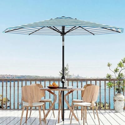 Parasol 270 cm - Tuinparasol Kantelbaar - Blauw-Wit Gestreept - UV-bestendig & Waterafstotend - Met Handige Zwengel - 8 Glasvezel Baleinen - Voor Terras en Balkon