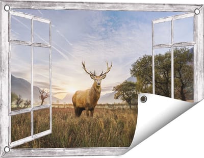 Gards Tuinposter Doorkijk Hert in het Landschap - 60x40 cm - Tuindoek - Tuindecoratie - Wanddecoratie buiten - Tuinschilderij