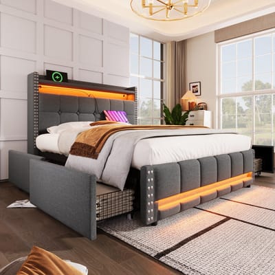 Wishdor Gestoffeerd Tweepersoonsbed 160 x 200 cm – LED met Kleurwisseling – USB-Aansluiting – Hoofdbord met Legplanken – 2 Grote Onderladen – Maximaal Draagvermogen 350 kg – Geschikt voor Slaapkamer – Linnenstof en Metaal – Grijs