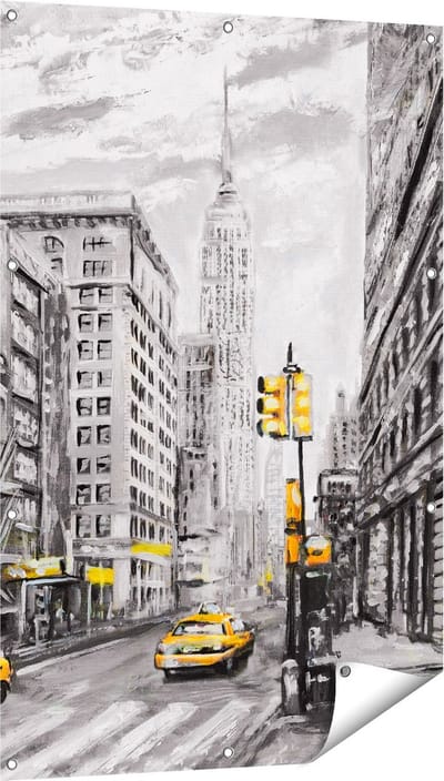 Gards Tuinposter Geschilderde New York Tekening - Zwart Wit - 80x120 cm - Tuindoek - Tuindecoratie - Wanddecoratie buiten - Tuinschilderij