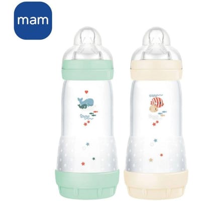 Lot de 2 Biberons - MAM - Easy Start - Anti-colique Classique - 320 ml - Tétine débit 3 - Menthe + Coton