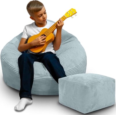 DreamRoots Zitzak voor Volwassenen & Kinderen – Corduroy Bean Bag Stoel met Voetsteun & Hoes – Inclusief Vulling – 70x70x70 cm – Green Lily