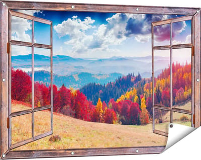 Gards Tuinposter Doorkijk Kleurrijke Herfstbos met Heuvellandschap - 120x80 cm - Tuindoek - Tuindecoratie - Wanddecoratie buiten - Tuinschilderij