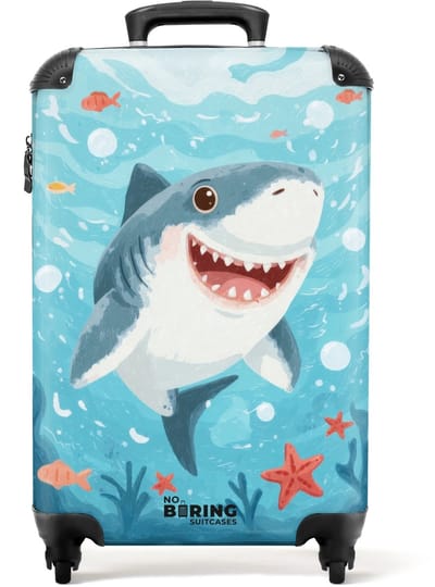 NoBoringSuitcases.com - Koffer - animatie haai zwemmend in het water - Past binnen 55x40x20 cm en 55x35x25 cm - Trolley handbagage - Valiezen met wieltjes volwassenen - Reiskoffer op wielen - Rolkoffer lichtgewicht