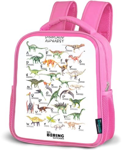 NoBoringSuitcases.com® - Rugzak roze - Schooltas meisjes - Alfabet van dino's - Kinder rugtas meisje - Boekentas kind - Kinderrugzak voor school - Schoolrugzak