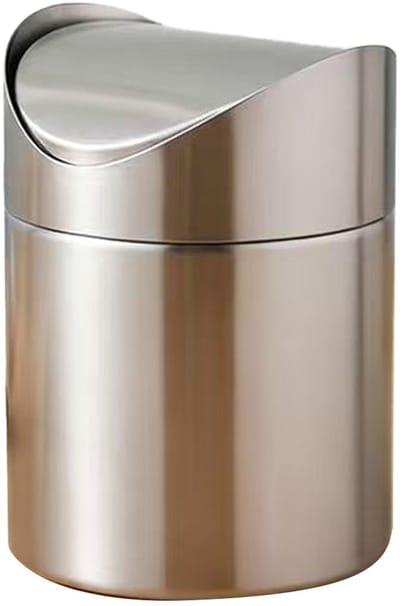 Bureauprullenbak - Prullenbak - Kleine prullenbak - Miniprullenbak - Roestvrijstalen prullenbak - Met deksel - Compact en elegant - 12*12*16 cm - Geschikt voor bureaus, keukens, woonkamers, enz. - Zilver