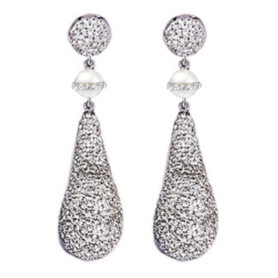 Mother of Pearl parel oorbellen Bright Pearl Long Drop Silver - oorsteker - wit - zilver - stras steentjes - luxe sieraden doosje - oorknopjes - parel oorbellen dames - zoetwaterparel