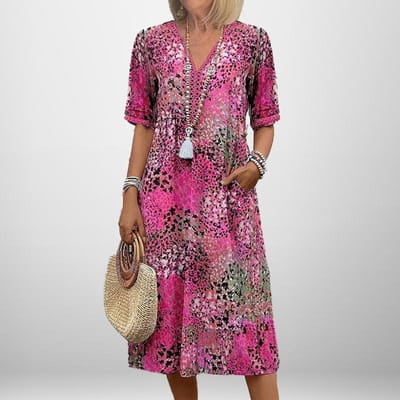 Nieuwe Zomer Dameskleding Elegant en Modieus Bedrukt V-hals Jurkje met Korte Mouwen S pink