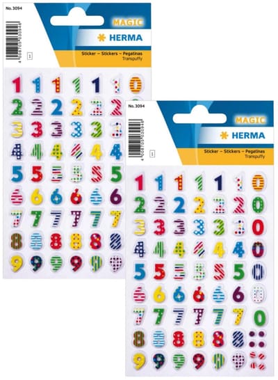Herma Stickervel nummers 3D - cijfers / getallen - 0 t/m 9 - 2x vellen - gekleurd - 8 mm