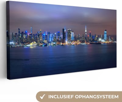 Canvas Schilderij New York - Skyline - Nacht - 40x20 cm - Wanddecoratie