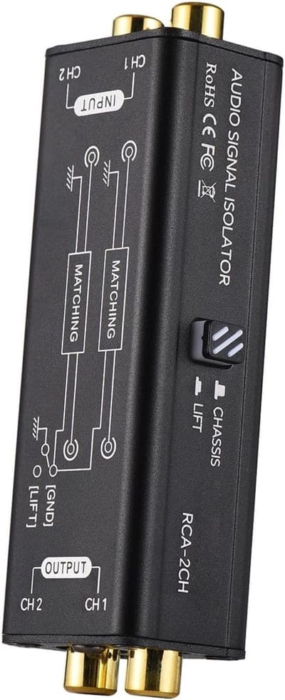 Audio Signaal Isolator - Ruisfilter Hum Eliminator - Ruis Vrij Geluid - 2 Kanaals RCA - 10.5 cm - Zwart