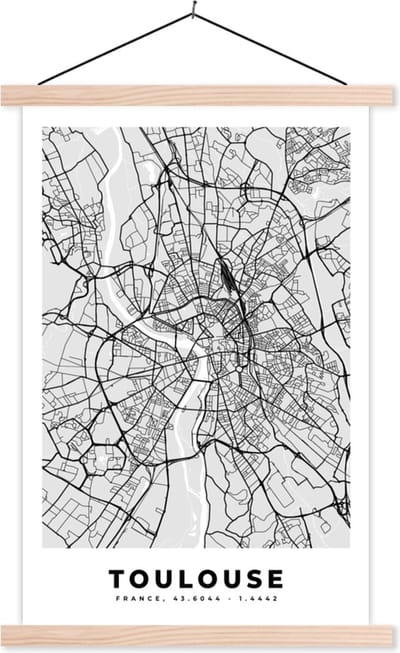 Posterhanger incl. Poster 40x60 cm - Schoolplaat - Frankrijk - Plattegrond - Kaart - Toulouse - Stadskaart - Textielposter - Blanke latten - Stadskaart