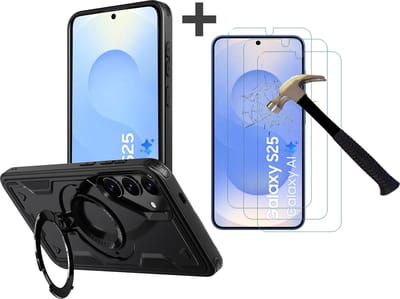 Hoesje Geschikt voor Samsung Galaxy S25 met 3 Stuks gehard glas Screenprotectors - Armor hoes met Ringhouder - Arara backcover - Zwart