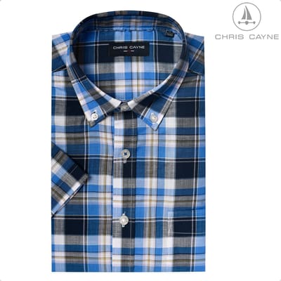 Chris Cayne heren overhemd - korte mouw - 4XL - borstzak - blauw - ruit dessin - 100 % Katoen - borstzak