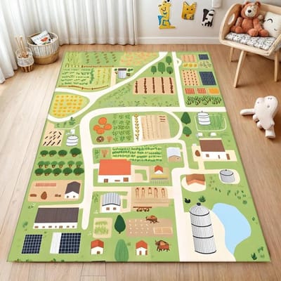 Tapis Lavable Thème Ferme Vintage Chevaux Canards Arbres et Maisons de Ferme Tons Vert et Terracotta Coton Tapis Antidérapants 80x120cm