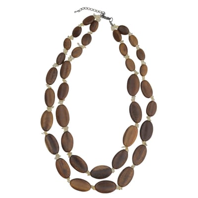 Behave - Ketting - Lange Layer ketting met houten platte ovalen kralen en citrien halfedelsteen kralen