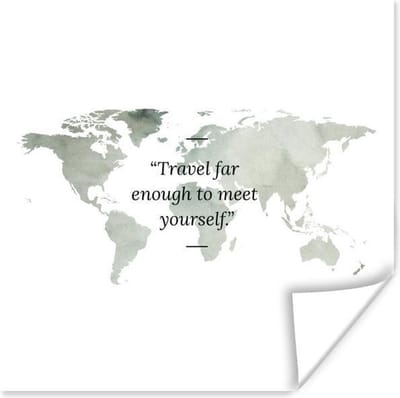 Poster Wereldkaart - Aquarel - Quote - 30x30 cm