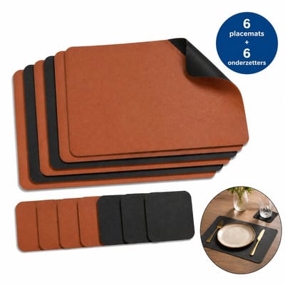 DIVERZA Placemats – Lederlook Placemats & Onderzetters – Waterafstotende Onderleggers Voor Bestek en Glazen – Stijlvolle Tafelbescherming – Set van 6 Placemats en Glazen Onderzetters –Dubbelzijdig Zwart en Bruin
