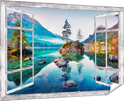 Gards Tuinposter Doorkijk Meer in de Bergen tijdens de Herfst - 180x120 cm - Tuindoek - Tuindecoratie - Wanddecoratie buiten - Tuinschilderij