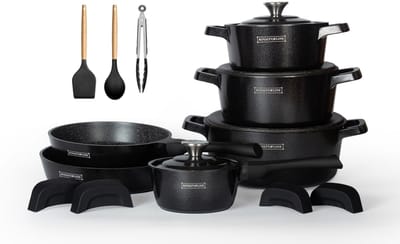 Royalty Line® OS1014 Pannenset Inductie - 17 Delige Pannensets - PFAS Vrij - Set Met Koekenpannen, Kookpotten & Steelpan - Pannen Geschikt Voor Alle Warmtebronnen - Zwart