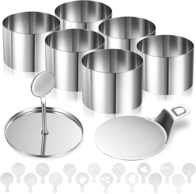 Set van 8 Ringen voor Desserts en Bruiloften van RVS - Taartvormen met Deksel, Bodem en Sjablonen voor het Bakken van Tartlets en Gebak