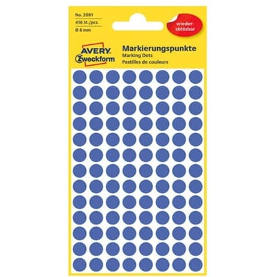 Avery Etiket Zweckform 8mm rond blister 4 vel a 104 et. blauw Non-permanent